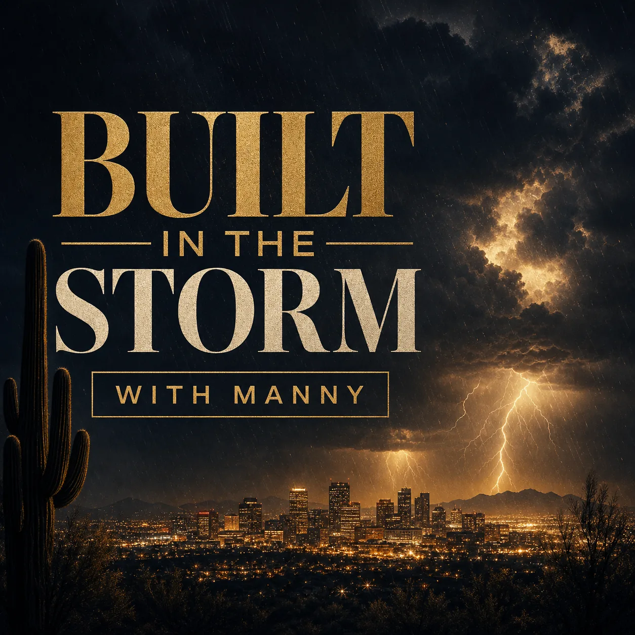 Built in the Storm with Manny podcast cover featuring Phoenix during a monsoon
