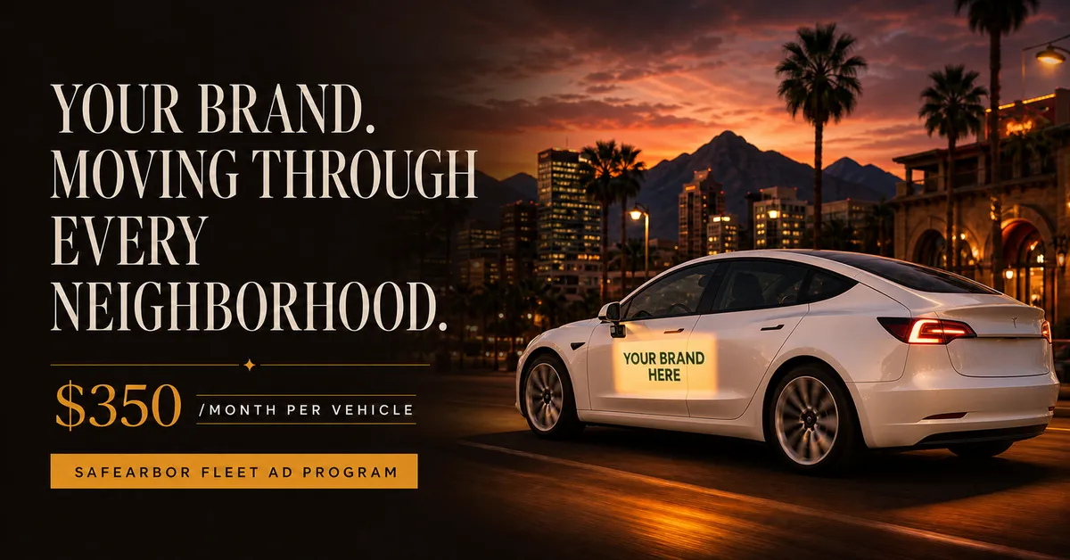 Concept image: white Tesla with a lit YOUR BRAND HERE door projection on a palm-lined street at dusk